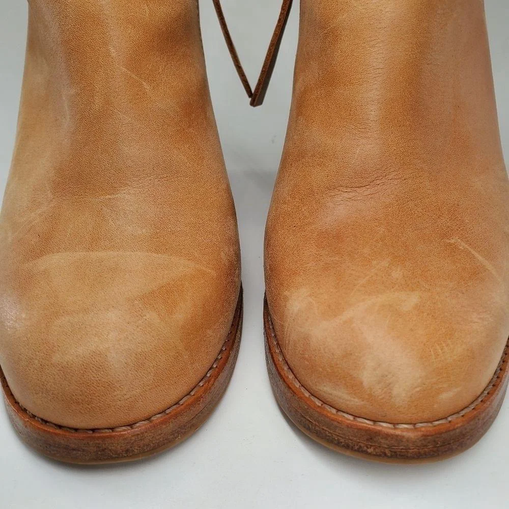 Surface To Air Tan Leather Stacked Block Side-Zip Almond Toe Ankle Boots